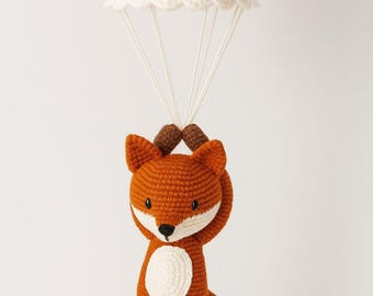 Handmade Crochet Fox Parachute Toy – Amigurumi Woodland Animal Nursery Decor