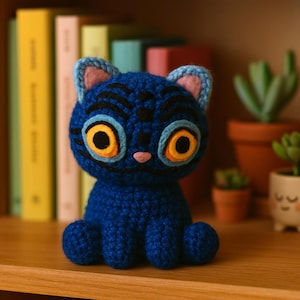May include: A handmade blue crochet cat with large, expressive eyes. The cat has black stripes, a pink nose, and light blue and pink accents on its ears. It is sitting on a wooden shelf, with books and plants in the background.