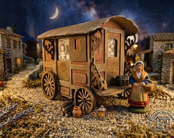 Grande Roulotte Gitane pour Santons 7cm – Décor Crèche Provence – Kit Maquette Bois ou Peinte – Echelle 1:24 (G) – Accessoire Scène de Vie
