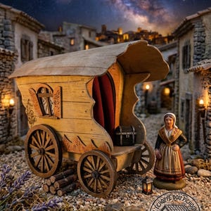 May include: A miniature wooden wagon with spoked wheels, a red curtain, and a small chest. A figurine of a woman in traditional clothing stands nearby. The scene is set in a cobblestone street under a starry night sky.