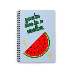 Puede incluir: Cuaderno de espiral con una cubierta azul claro que presenta el texto "you're one in a melon" en verde. Una rodaja de sandía roja con semillas negras y una corteza verde está en la cubierta, junto con dos estrellas amarillas.
