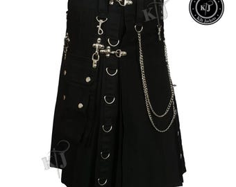 Handmade Scottish Designer Fashion Gothic Kilt with Silver Chains
