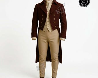 Handmade Men's Burgundy Wool Regency Tailcoat - Historical Reenactment Jacket