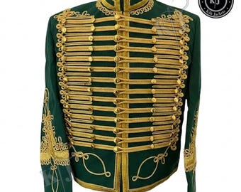 Men's Green Napoleonic Hussar Jacket – Handmade Military Tunic with Gold Braiding