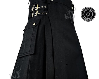 Black Utility Kilt for Men - Traditional Scottish Cotton Kilt with Pockets