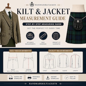 May include: A kilt and jacket measurement guide featuring a tweed blazer, a green tartan kilt with a black sporran, and diagrams illustrating how to measure for waist, length, chest, shoulder, sleeve, and jacket length for a proper fit.