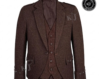 Handmade Brown Tweed Argyll Kilt Jacket with Matching Waistcoat – Wool Highland Attire