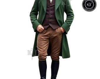 Men's Green Wool Frock Coat – Regency Historical Reenactment Jacket (Custom Tailored)
