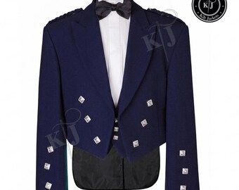 Handmade Navy Blue Prince Charlie Jacket and Vest | 100% Wool Scottish Kilt Formal Wear