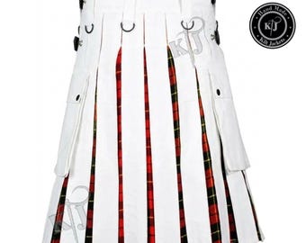 Handmade White Cotton Hybrid Kilt with Tartan Pleats and Leather Straps – Men's Utility Kilt
