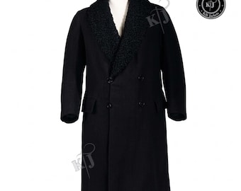 Men's Black Wool Greatcoat | Fur Collar, Full Fur Lined Double Breasted Overcoat