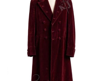 Tom Baker 4th Doctor Maroon Velvet Coat - Classic Double-Breasted Long Jacket