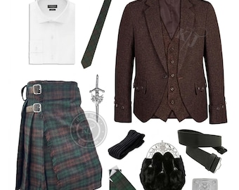 Handmade Brown Tweed Kilt Outfit – Scottish Highland Wedding Set, Custom Tartan Package
