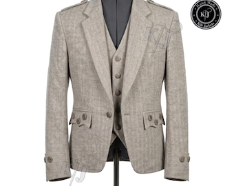 Men's Oatmeal Herringbone Tweed Argyll Kilt Jacket | Custom Wool Highland Wear