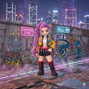 Puede incluir: Muñeca de ganchillo con pelo largo morado, que lleva una chaqueta amarilla, pantalones cortos negros y botas. La muñeca está de pie frente a una pared cubierta de grafitis con letreros de neón que dicen "DANGER ZONE" y "ALL-IN".