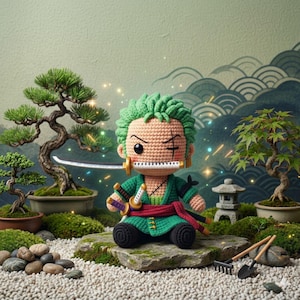 Schema per realizzare all'uncinetto Zoro di One Piece, bambola amigurumi in stile chibi anime, download digitale