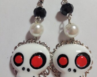 ON SALE Skull Earrings, Halloween Earrings, White Skull Earrings, Spooky Earrings, Day of the Dead Earrings, Crystal Earrings