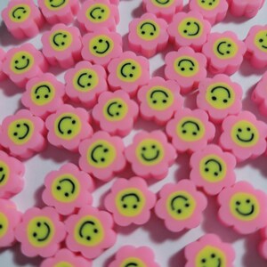 10 Beads - 9.5mm - 10mm Handmade Polymer Clay Beads, Flower with Happy Faces, Pink Colored, Smile Beads, Vertical Drilled Happy Face Beads