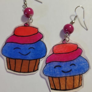 Shrinky Dink Earrings, Shrinky Dink Happy Cupcake Earrings, Sweet Earrings, Cute Cupcake Earrings, Kawaii Shrinky Dink Earrings