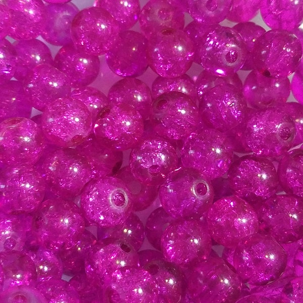 10 Beads - 8mm Bright Fuchsia Pink Crackle Glass Beads, Cracked glass beads, Crackle Beads, Round Cracked Glass Beads, Bright Pink Beads