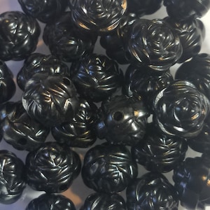 12 Beads - 14mm Black Rose Beads, Acrylic beads, Plastic Rose Beads, Detailed Rose Beads, Jet Black Plastic Roses, Perfect Rose Beads