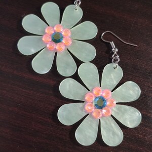 Large Acrylic Flower Power Earrings, Crystals, Frosty Green Floral Earrings, Flower Earrings, Floral Earrings, Garden Earrings, Big Flowers