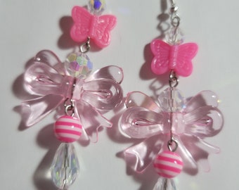 Dreamy Fairycore Butterfly and Bowknot Magical Earrings, Ethereal Earrings, Fairy Earrings, Butterfly Earrings, Crystal Earrings, Pink Love