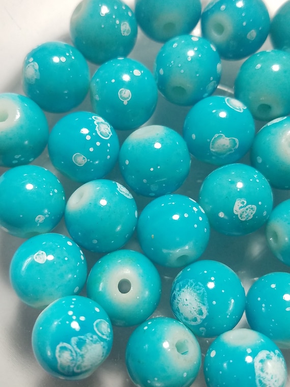 10 Beads 10mm Pretty Blue and White Spotted Glass Beads, Blue