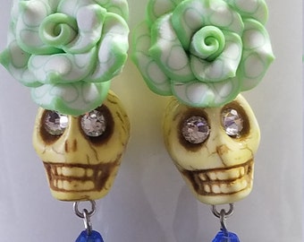 Day of the Dead Handmade Earrings, Sugar Skull Earrings, Dia De Los Muertos, Candy Skull Earrings, Skull and Flower Dangle Earrings