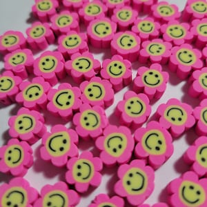 10 Beads - 9.5mm - 10mm Handmade Polymer Clay Beads, Flower with Happy Faces, Pink Colored, Smile Beads, Vertical Drilled Happy Face Beads