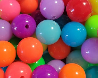 20 Beads - 12mm Mixed Color Fluorescent Acrylic Beads, Round Bright Gumball Beads, Acrylic Gumball Beads, Colorful Acrylic Round Beads
