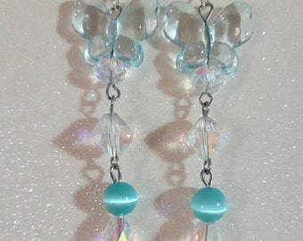 Icy Blue Fairycore Earrings, Butterfly Earrings, Fantasy Earrings, Butterfly and Glass Teardrop Earrings, Butterfly Jewelry, Butterflies