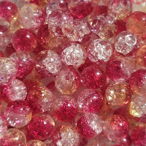 10 Beads - 8mm Red, Pink, White, and Yellow Crackle Glass Beads, Crackle Glass Beads, Valentine&#39;s Beads, Bracelet Beads, Colorful Beads