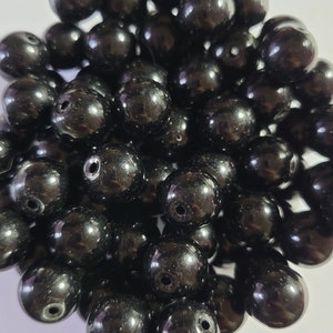 10 Beads - 10mm Jet Black Shiny Pearl Glass Beads, Small Black Beads, Small Gumball Beads, Small Black Pearl Beads, Jet Black