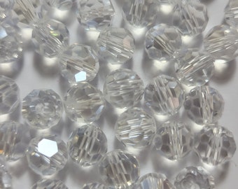 10 Beads - 8mm Faceted Clear White Glass Round Crystal Beads,  Clear Glass Crystal, Clear Round Beads, Clear White Crystal Beads