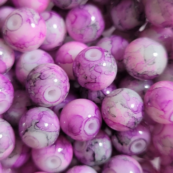 12 Beads - 8mm Violet Purple, Gray and White Swirled Glass Beads, Purple Glass Beads, Small Purple Gumball Beads, Patterned Beads