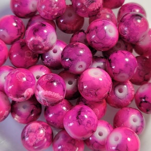 10 Beads- 10mm Dark Pink and Purple Splattered Beads, Round Glass Beads, Bright Pink and Purple Beads, Two Colored Beads, Patterned Beads