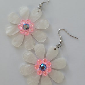 Large Acrylic Flower Power Earrings, Crystals, Frosty White Floral Earrings, Flower Earrings, Floral Earrings, Garden Earrings, Big Flower