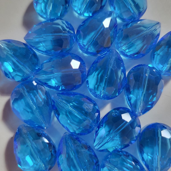 2 - Large Bright Blue Glass Teardrop Crystals, 14mm x 18mm Teardrop Crystals, Large Crystal Beads, Teardrop Crystals