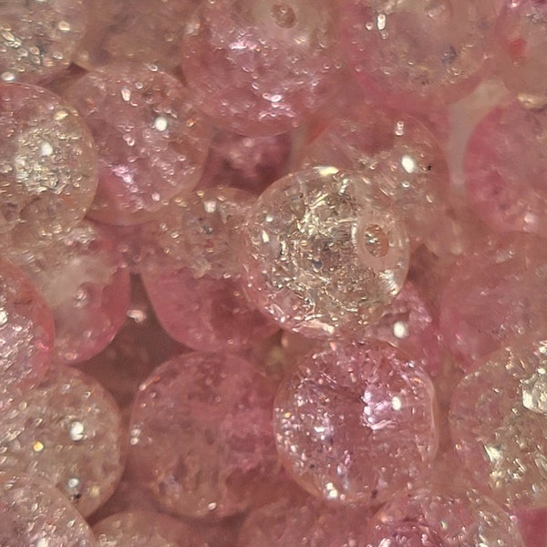 10 beads - 10mm Round  Light Pink and Clear Glass Sparkle Beads, Pink Beads, Round Crackle Glass Beads, Cracked Glass Beads, Baby Pink Beads