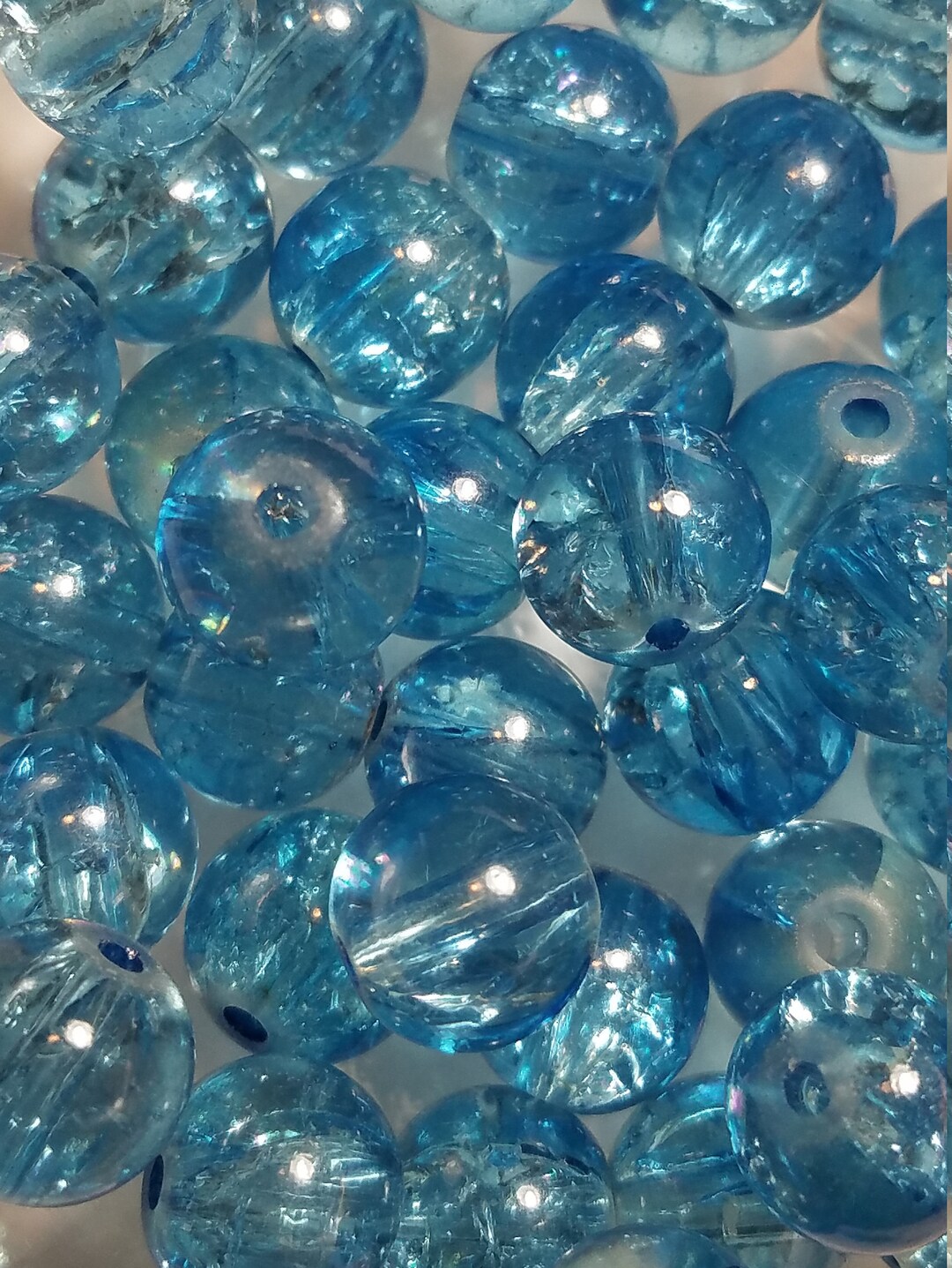 10 Beads 10mm Round Light Blue Glass Sparkle Beads, Crackle Glass Beads