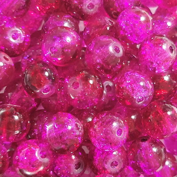 10 Beads - 8mm Bright Fuchsia Pink and Red Crackle Glass Beads, Cracked Glass Beads  Round Cracked Glass Beads, Bright Pink and Red Beads