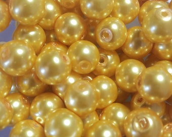 10 Beads - 10mm Shiny Bright Gold Glass Pearl Beads, Small Glass Gumball Beads, Small Gold Gumball Beads, Bright Gold Glass Pearl Beads