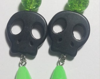 Handmade Skull Earrings, Dangle Earrings, Skull Dangle Earrings, Skull and Crystal Drop Earrings, Day of the Dead Earrings, Long Earrings