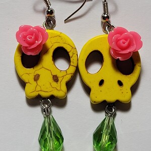 ON SALE! Yellow Skull Earrings, Day of the Dead Earrings, Skull Gift, Dia De Los Muertos, Crystal Earrings, Skull Face Earrings, Halloween