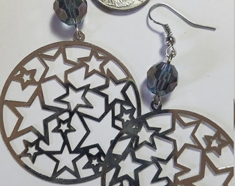 Handmade Earrings, Super Cute Star Earrings with Faceted Crystal Bead Detail, Lightweight Silver Filigree Earrings, Large Dangle Earrings