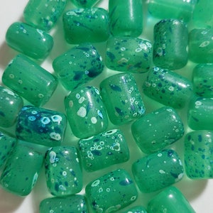 10 Beads -  10mm x 12mm Green and Blue Speckled Glass Tube Beads, Tube Shaped Beads, Patterned Beads, Summer Beads, Two-Toned Beads