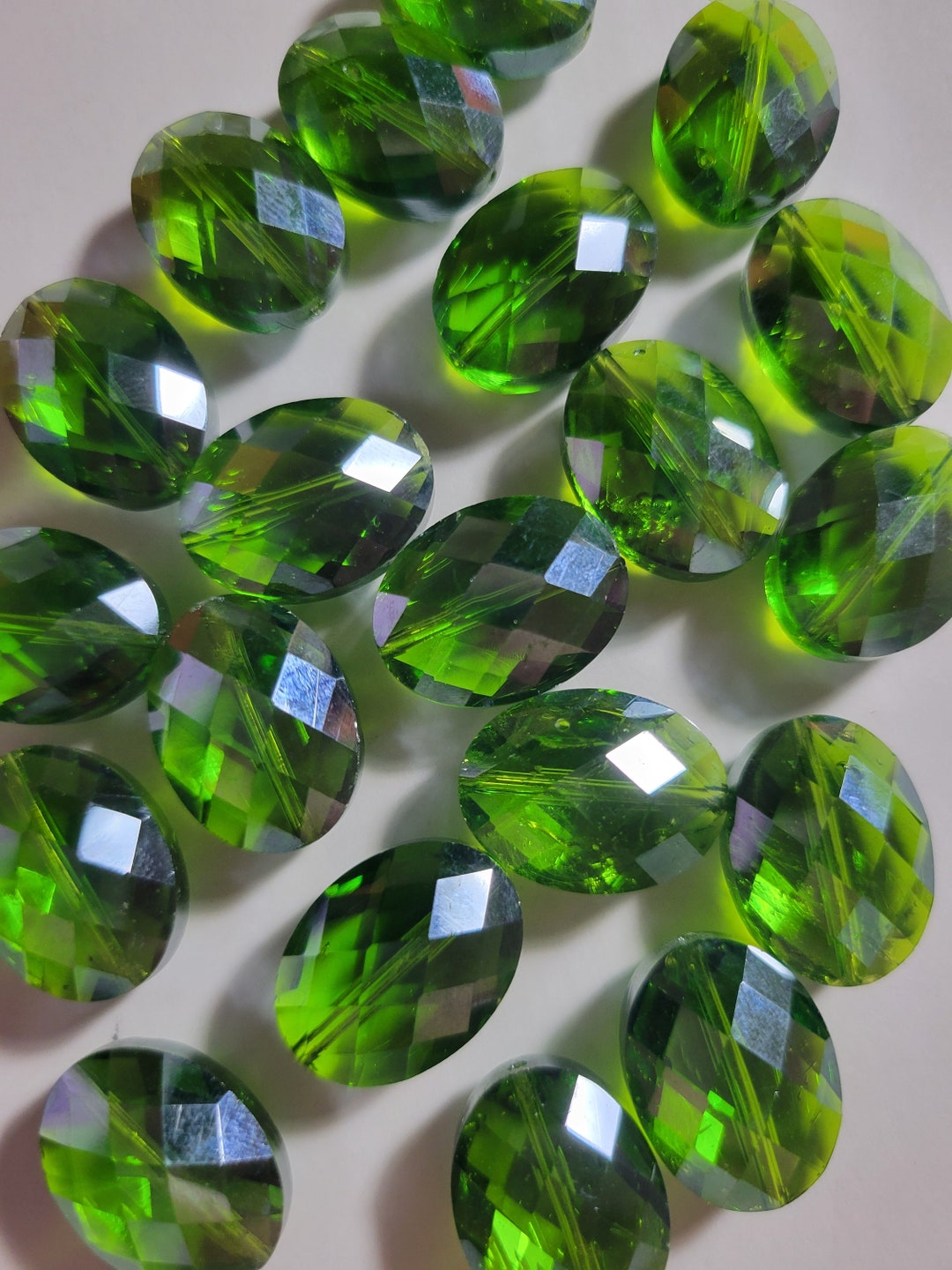 2 Large Iridescent Oval Green Glass Crystal, 15mm X 20mm Large Crystal