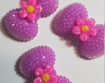 1 Bow - Single Cabochon Purple Bow with pink Flower Detail, Flatback bows! Kawaii Findings, Kawaii Jewelry, Chunky Bow! Cute Chunky Jewelry