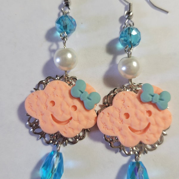 Peach Colored Happy Cloud Earrings, Kawaii Jewelry, Kawaii Earrings, Cute Cloud Earrings, Crystal Earrings, Dangle Earrings